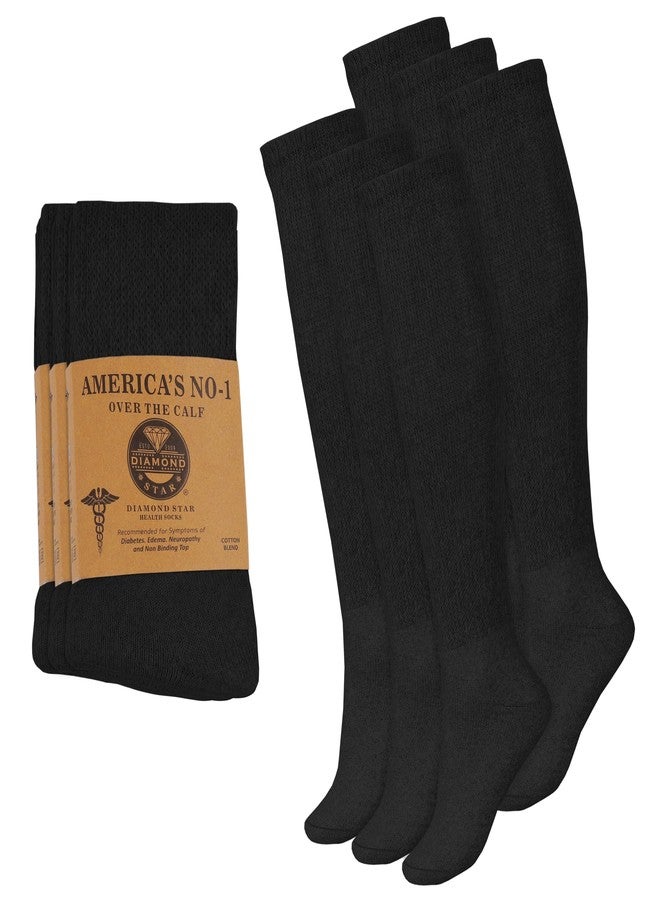 Diamond Star 6 Pairs Diabetic Socks Over The Calf - Knee High Premium Cotton Socks Men's Size 10-13 Big & Tall Size 13-16 (US, Numeric, 10, 13, Regular, Regular, 6 Pairs Black) - Image 1